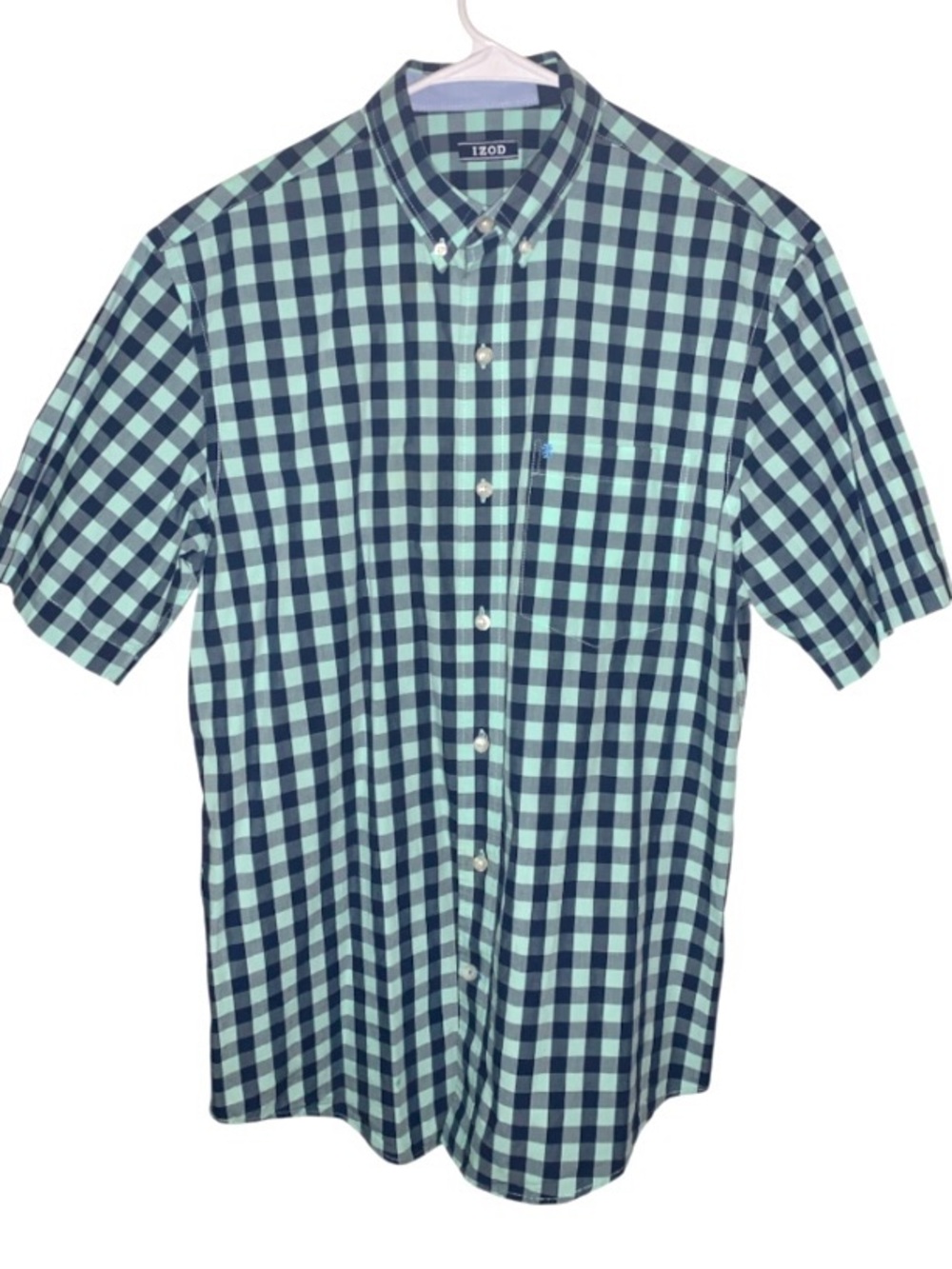 Izod Short-Sleeve Button-Down Check Shirt in Aqua and Navy